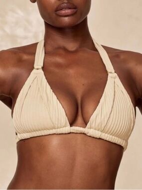 Monday Swimwear Ribbed Halter Triangle Bikini Top - Cream
